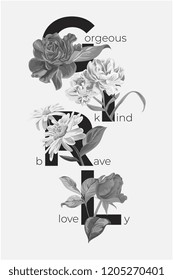 girl slogan with b/w flower illustration