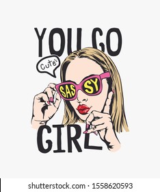 girl slogan with cartoon girl in sunglasses illustration