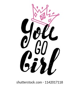 Girl slogan with crown cartoon illustration. Grl pwr hand drawn lettering. Womens right quote. Female, feminism symbols. Vector illustration. Can be used as print for poster, t shirt, postcard.