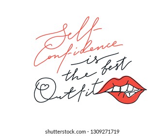 Girl slogan for t shirt. Modern beautiful print for girls. Vector illustration. Creative typography slogan design. Sign "Self confidence is the best outfit".