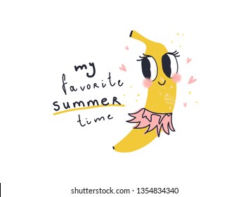 Girl slogan for t shirt. Modern beautiful print for girls. Vector illustration. Creative typography slogan design. Sign "MY FAVOURITE SUMMER TIME".