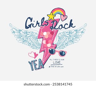 girl slogan with thunder and wings vector illustration for girl fashion print