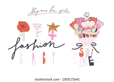 Girl slogans for t shirt. Modern print for girls. Vector illustration. Creative typography slogan design. Signs "FASHION BABY", "SHINE".