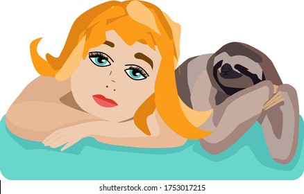 A girl with a sloth on white isolated background. Illustration of cute women and animals for the Design of children's, birthday, baby shower party design and decor, print