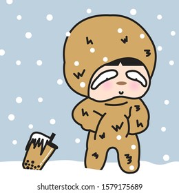 Girl Slowly Walking In Snow In Winter Sloths Clothes Concept Card Character illustration