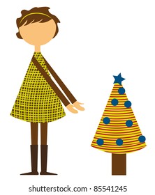girl with small christmas tree isolated over white background. vector