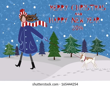 The girl with a small dog on winter background with Christmas trees and snowflakes (Merry Christmas and Happy New Year)