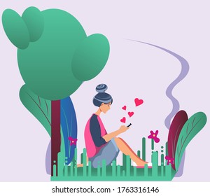 Girl with smart phone in the park. Colorful vector illustration. Social network. Abstract green grass. 