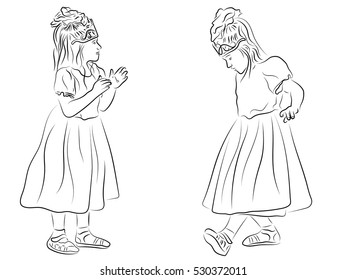 Girl in a smart suit. New suit the child, a girl in the crown, clapping, dancing girl. black and white drawing in pencil