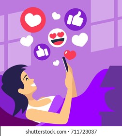 Girl with smartphone in a bed have fun and likes in social networks in bedroom before sleep receives recognition flat vector illustration