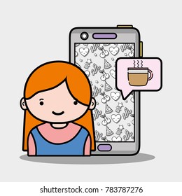 girl with smartphone and coffe cup chat