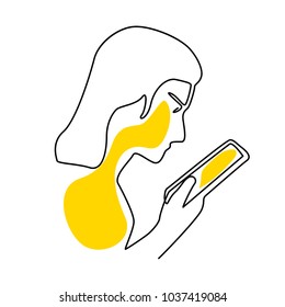 The girl with a smartphone, contour drawing and sketch, vector illustration and simple design.