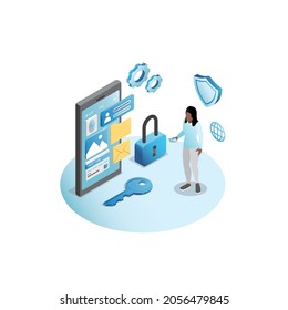 Girl in smartphone enters username, password, access key to enter private account. Protection of bank data of debit, credit cards, personal information on Internet with shield, key, padlock. Isometry.