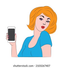 Girl with a smartphone in the hand vector illustration, girl showing the mobile phone.