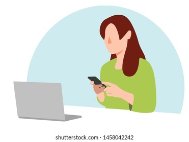 Girl with smartphone in her hands. Laptop on the desk. Woman in home looking her cell phone. Flat colors vector drawing. White background.