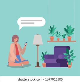 Girl With Smartphone At Home Design, Youth Culture People Cool Person Human Profile And User Theme Vector Illustration