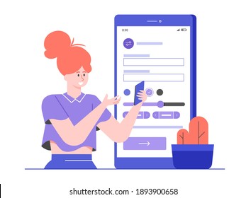 Girl with a smartphone. Large device with application settings interface. User account customization. Vector flat illustration.