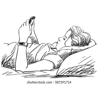 Girl With Smartphone Lying In Bed, Hand Drawn Llustration, Vector Sketch