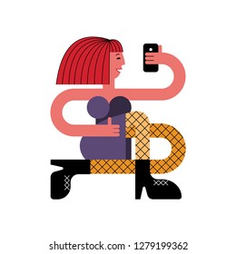 Girl with a smartphone. A girl makes a selfie. The girl is holding a smartphone in her hand. Vector illustration in flat style.