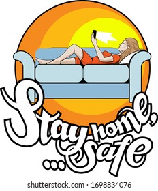 Girl with a smartphone on couch and inscription below on a white background.