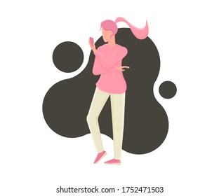 Girl with a smartphone in a pale pink sweater. Colorful vector illustration in cartoon style