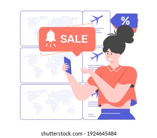 Girl with a smartphone receives a notification about a discount on plane tickets. Promotions and great offers. Airplane travel concept. Vector flat illustration.