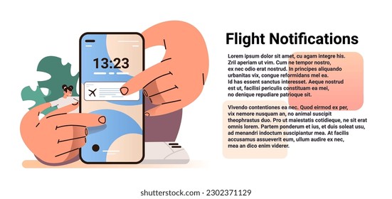 girl with smartphone receives notification about plane tickets discount flight notifications airplane travel concept horizontal