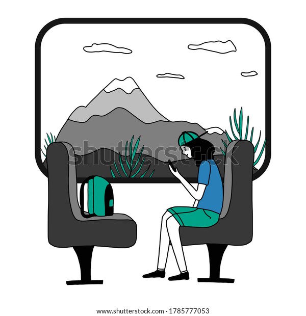A girl with a smartphone is sitting in a train\
compartment at the window. Train ride past the mountains. Subway\
car. A young woman is traveling. Vector illustration in flat style\
on white background
