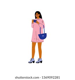 Girl with Smartphone, Trendy Creative Young Woman in Pink Dress with  Electronic Gadget Vector Illustration