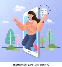 Girl in smartphone trying on carnival masks with happy or sad expressions. Social networks pretending to hide real feelings. Sad and upset woman on smartphone screen. False, lie and fake. Vector