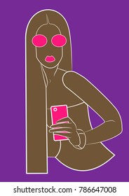Girl with a smartphone.  Vector illustration.  Girl with long hair.
All elements are located on separate layers. All items can be easily edited.  
