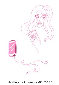 Girl with 
smartphone vector line
