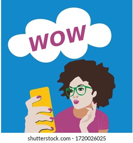 Girl with a smatphone, with a cloud on top for text. Vector illustration.