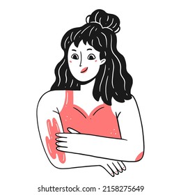 Das Mädchen ist mit Sonnencreme beschmiert. Strandvektorgrafik einzeln auf linearem Doodle-Stil.