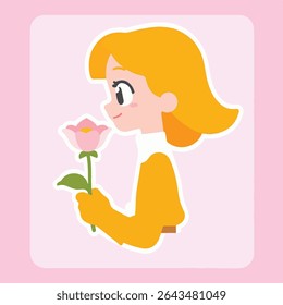 Girl Smelling Flower, Cartoon Style Illustration on Pink Background