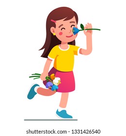 Girl Smelling Flower. Kid Standing On One Leg Holding Tulip Flowers Bouquet. Child Girl Enjoying Flower Aroma Smell, Smiling In Joy. Little Lady Cartoon Character. Flat Vector Isolated Illustration