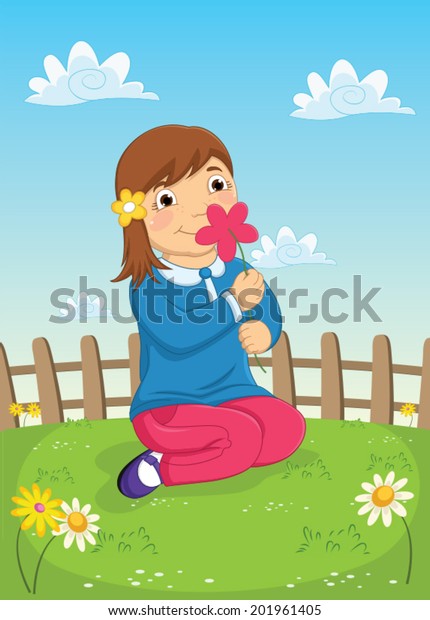 Girl Smelling Flower Vector Illustration Stock Vector (Royalty Free ...