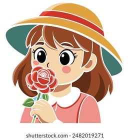 A girl is smelling a  rose