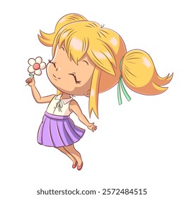 Girl smelling white flower, chibi, vector illustration