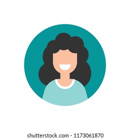 girl with smile avatar. cute happy woman face flat icon in blue circle isolated on white. person character, user, operator, account. consulting, job online, internet. Call center. help line.