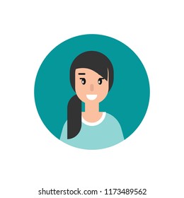 girl with smile avatar. cute happy woman face flat icon in blue circle isolated on white. person character, user, operator, account. consulting, job online, internet. Call center. help line.