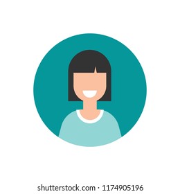 girl with smile avatar. cute happy woman face flat icon in blue circle isolated on white. person character, user, operator, account. consulting, job online, internet. Call center. help line.