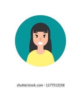 girl with smile avatar. cute happy woman face flat icon in blue circle isolated on white. person character, user, operator, account. consulting, job online, internet. Call center. help line.