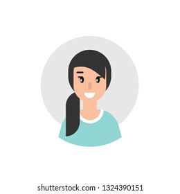 girl with smile avatar. cute happy woman face flat icon in grey circle isolated on white. person character, user, operator, account. consulting, job online, internet. Call center. help line.