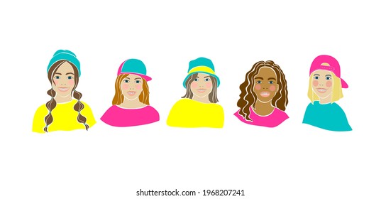 Girl smile braces drawn in cartoon style on white background. Beauty woman. Medical illustration. Healthy lifestyle. Vector hand drawing. Cute people.