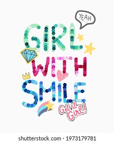 girl with smile colorful sequins slogan with cute icons vector illustration