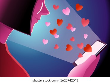 Girl smile with heart from telephone.