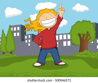 Girl smile and raising her finger at the park cartoon vector illustration