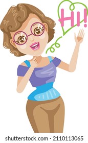 The girl smiled and greeted. Hello or goodbye waved and the hand showed five fingers.