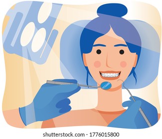 The girl smiles with braces in the chair of an orthodontic or dental clinic and the doctor as a concept of braces, orthodontic services. Flat vector stock illustration with patient with braces 